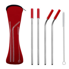 Reusable Stainless Steel Straws With Colorful Silicone Tips (Bent and Straight) [W/ Cleaning Brush]