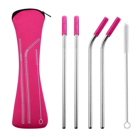 Reusable Stainless Steel Straws With Colorful Silicone Tips (Bent and Straight) [W/ Cleaning Brush]