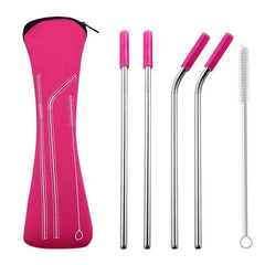 Reusable Stainless Steel Straws With Colorful Silicone Tips (Bent and Straight) [W/ Cleaning Brush]