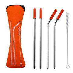 Reusable Stainless Steel Straws With Colorful Silicone Tips (Bent and Straight) [W/ Cleaning Brush]