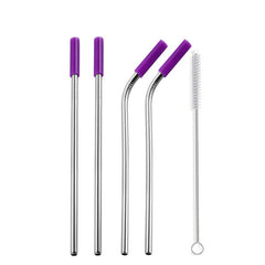 Reusable Stainless Steel Straws With Colorful Silicone Tips (Bent and Straight) [W/ Cleaning Brush]