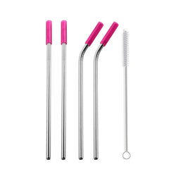 Reusable Stainless Steel Straws With Colorful Silicone Tips (Bent and Straight) [W/ Cleaning Brush]