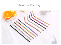 Reusable Straight and Bent Stainless Steel Straws Kit with Cleaner Brush