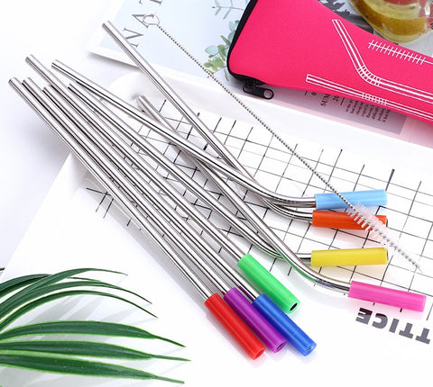 Reusable Stainless Steel Straws With Colorful Silicone Tips (Bent and Straight) [W/ Cleaning Brush]